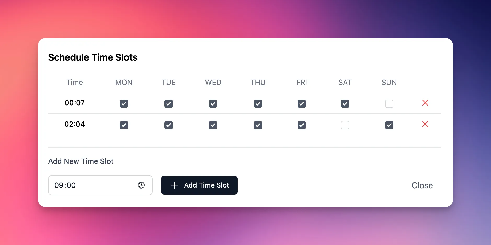 Interface of managing time slots