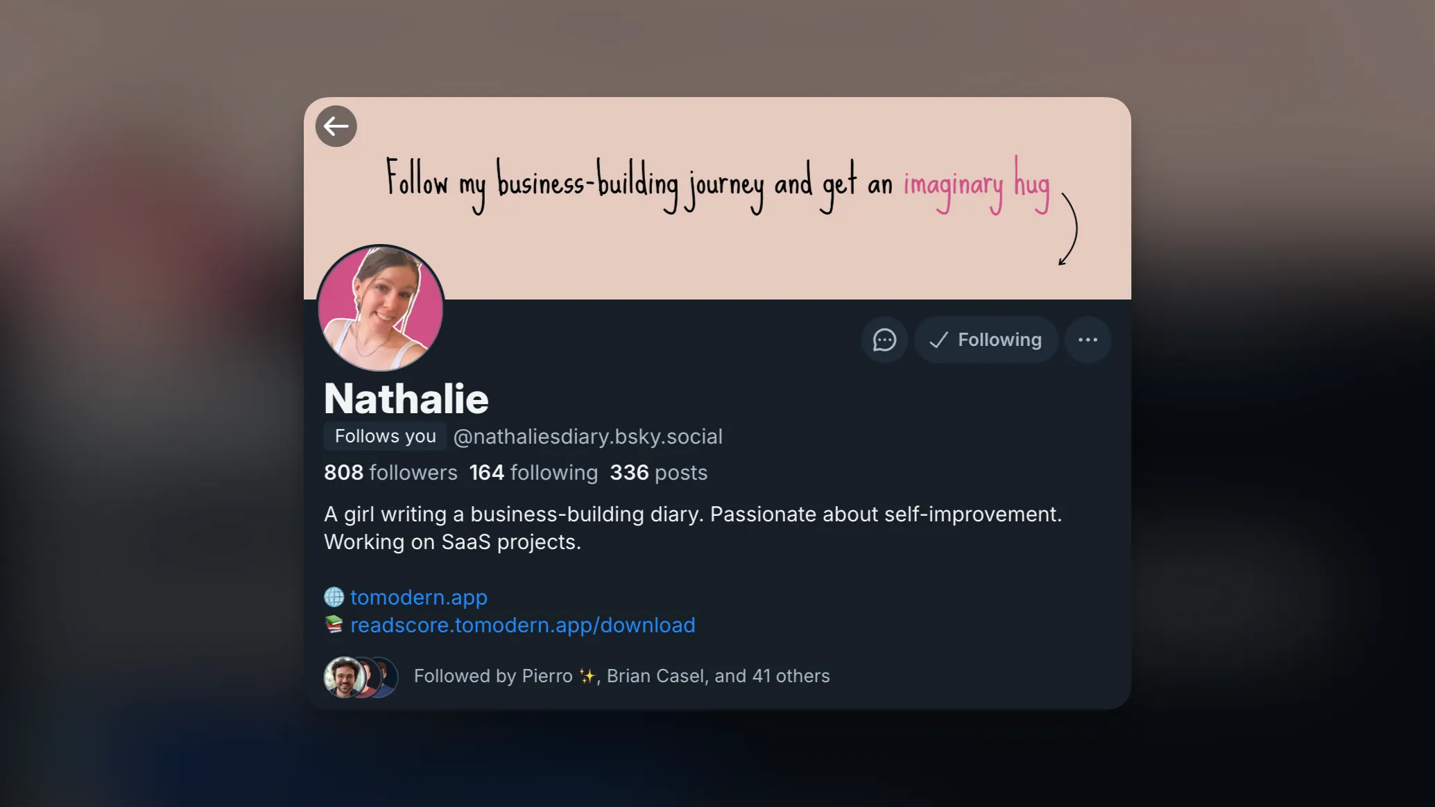 Nathalie's Bluesky profile, using pink color for both avatar and banner image