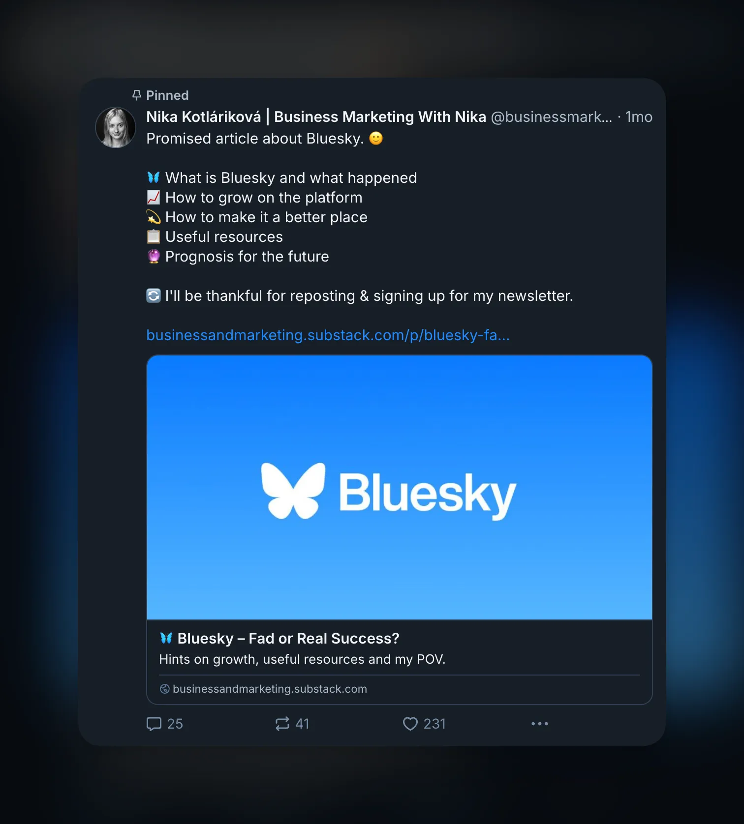 Nika Kotláriková's pinned post, showing her work, a bluesky analysis