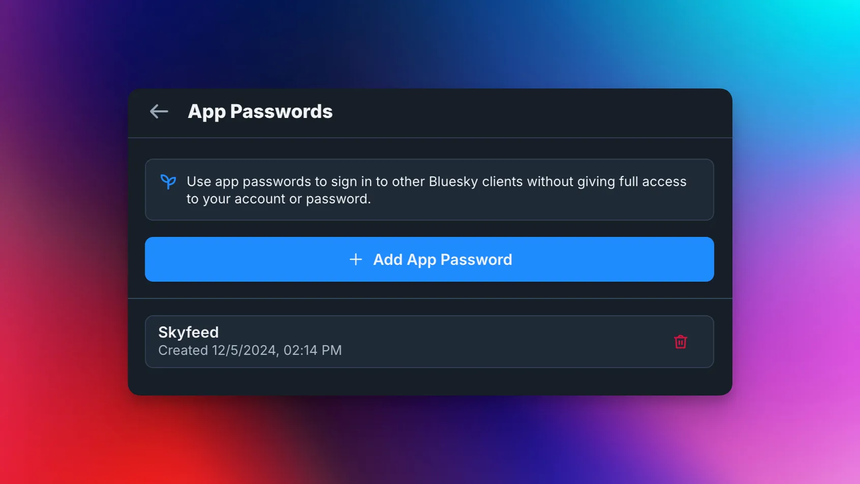 Interface of Bluesky App Passwords