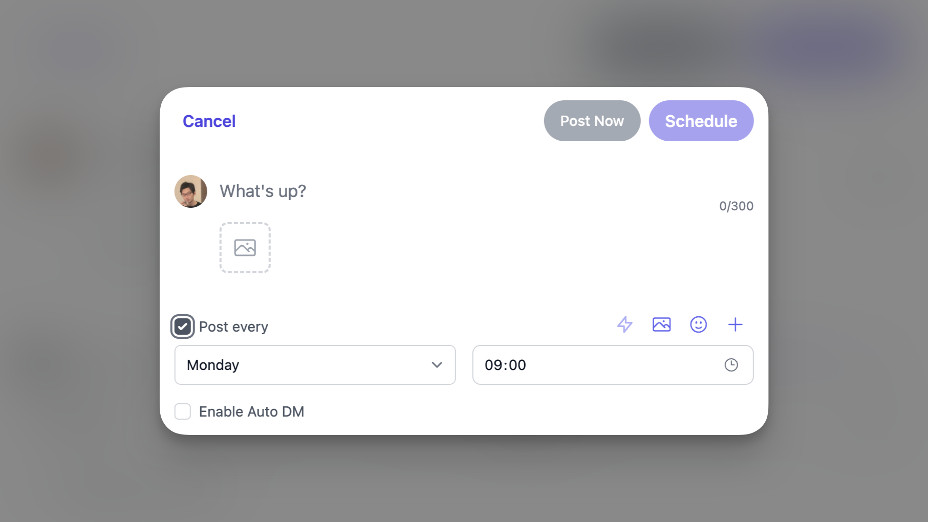 Screenshot of Skyblaze's recurring post feature - checkbox checked for recurring posts